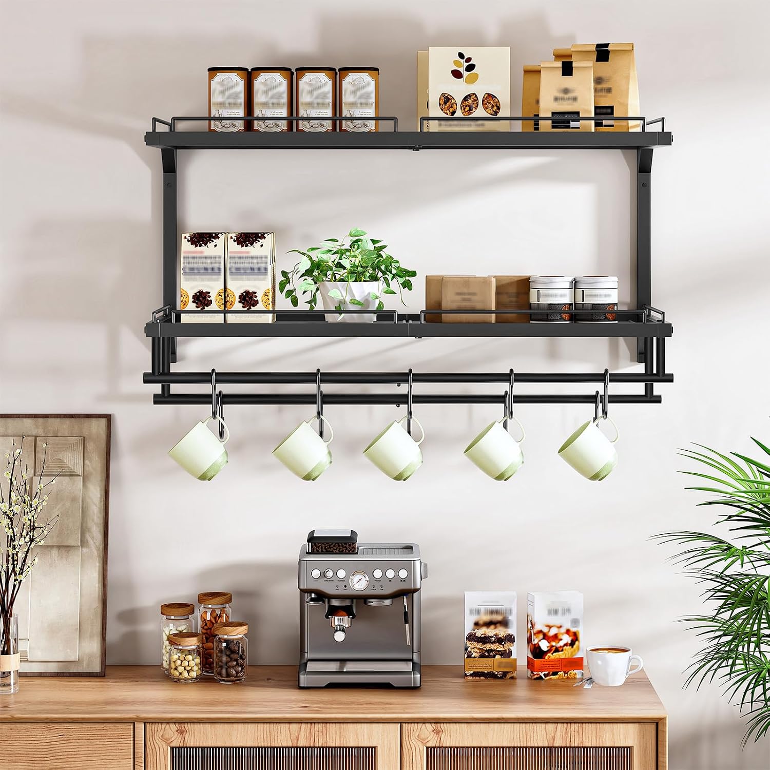 Black 2-Tier Wall Mount Pot Rack with 10 S Hooks