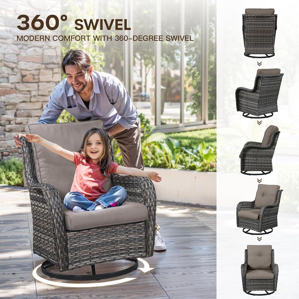 7 Piece Grey Wicker Patio Glider Set with Firepit Table