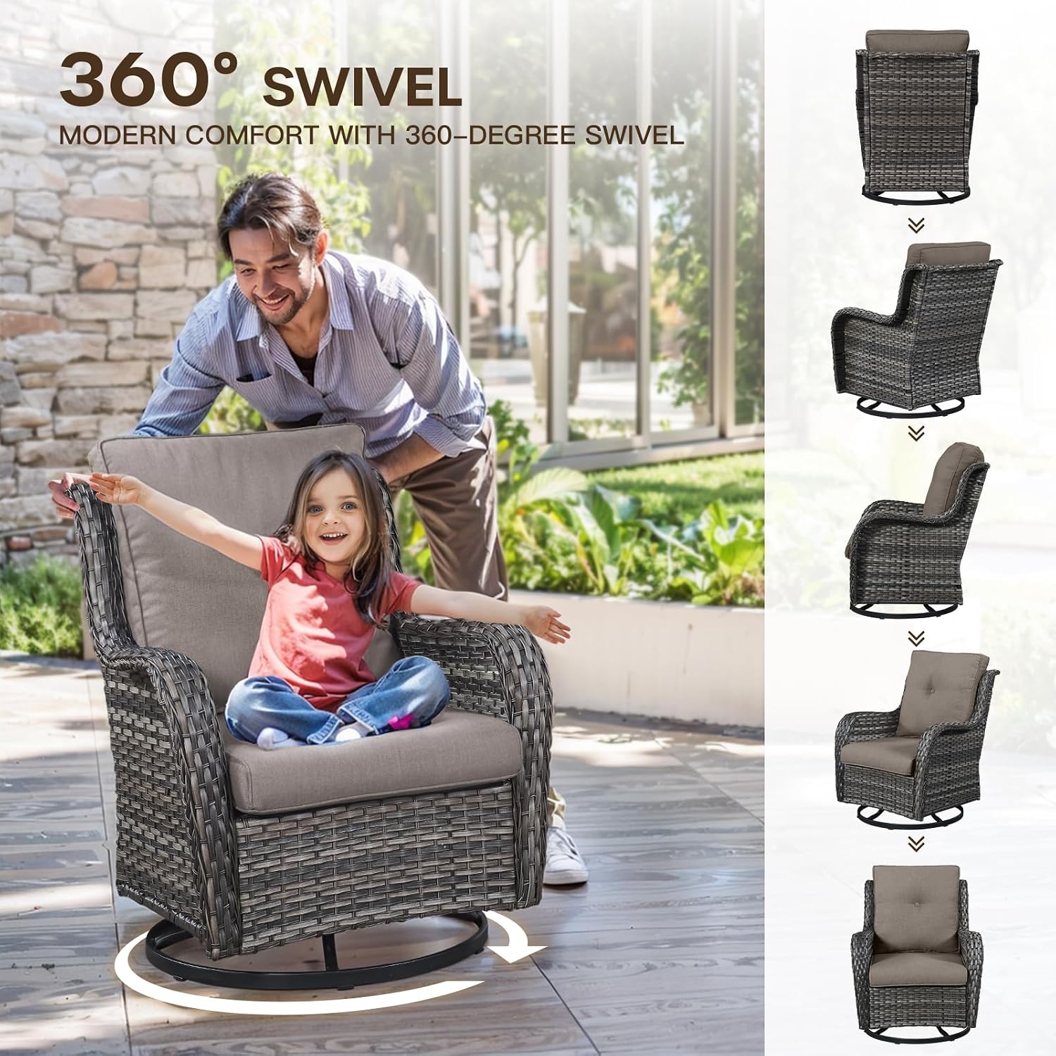 7 Piece Grey Wicker Patio Glider Set with Firepit Table