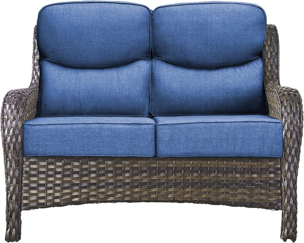 Brown Wicker 2-Seat Patio Loveseat Navy Cushions