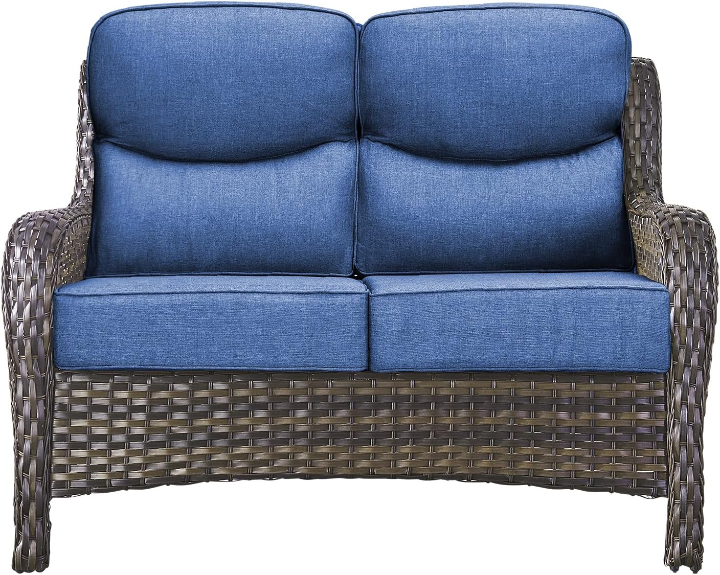 Brown Wicker 2-Seat Patio Loveseat Navy Cushions