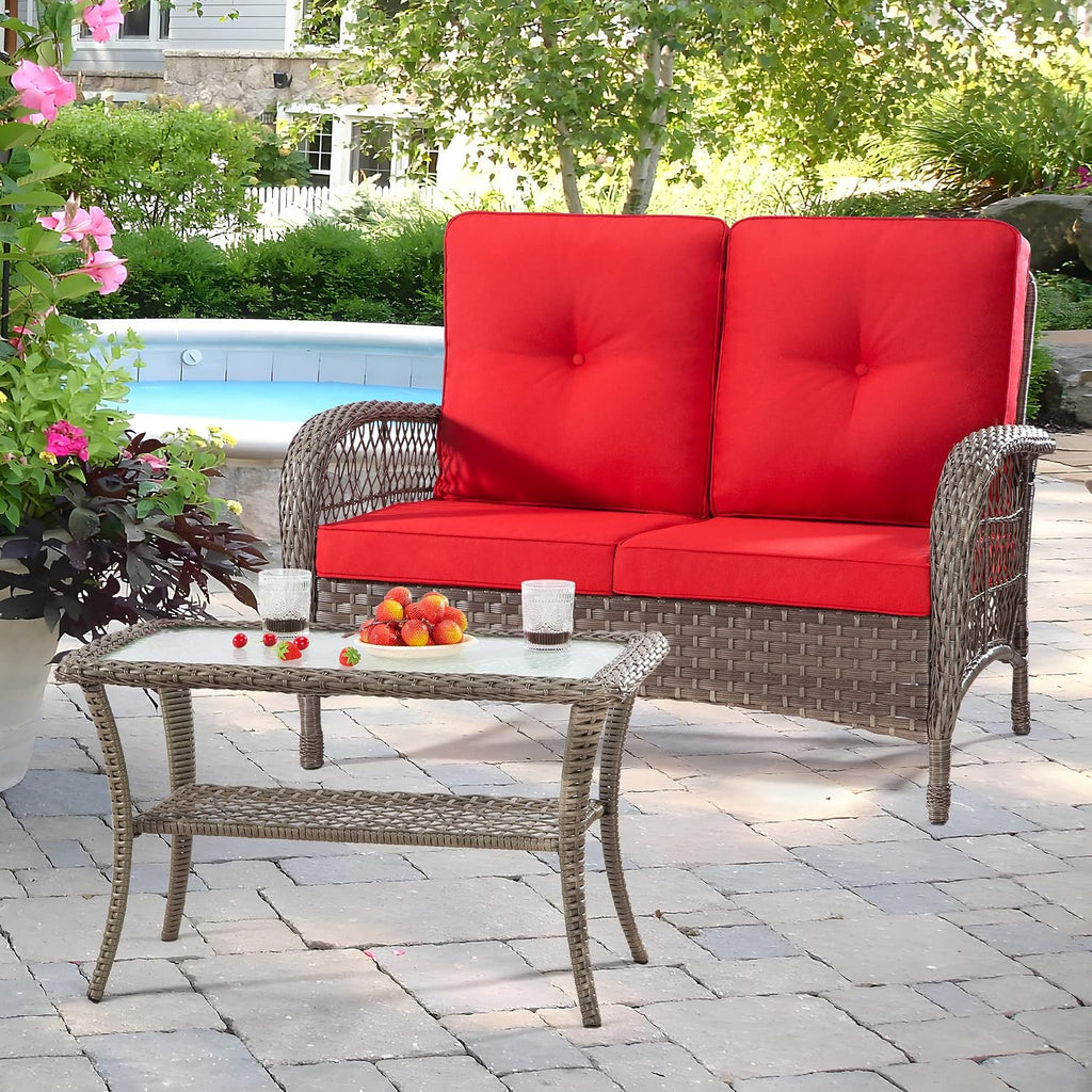 2-Piece Brown Wicker Patio Loveseat Set Red Cushions