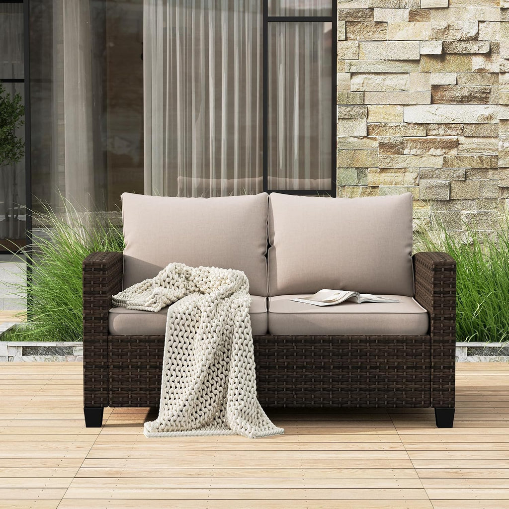 Beige Wicker 2-Seat Outdoor Patio Loveseat