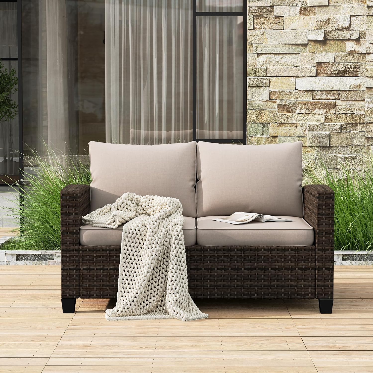 Beige Wicker 2-Seat Outdoor Patio Loveseat