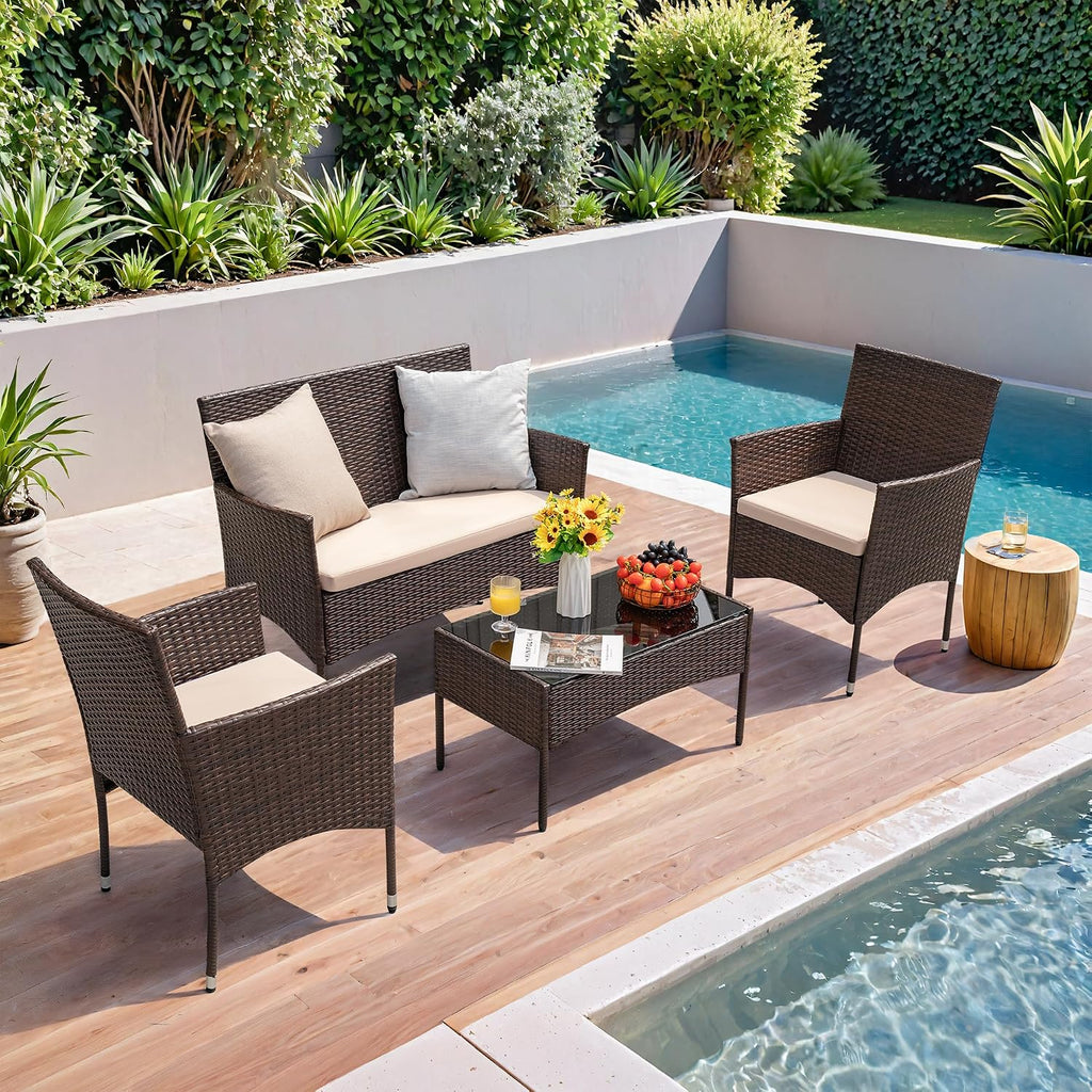 4-Piece Brown Rattan Patio Set Beige Cushions
