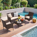 4-Piece Brown Rattan Patio Set Beige Cushions