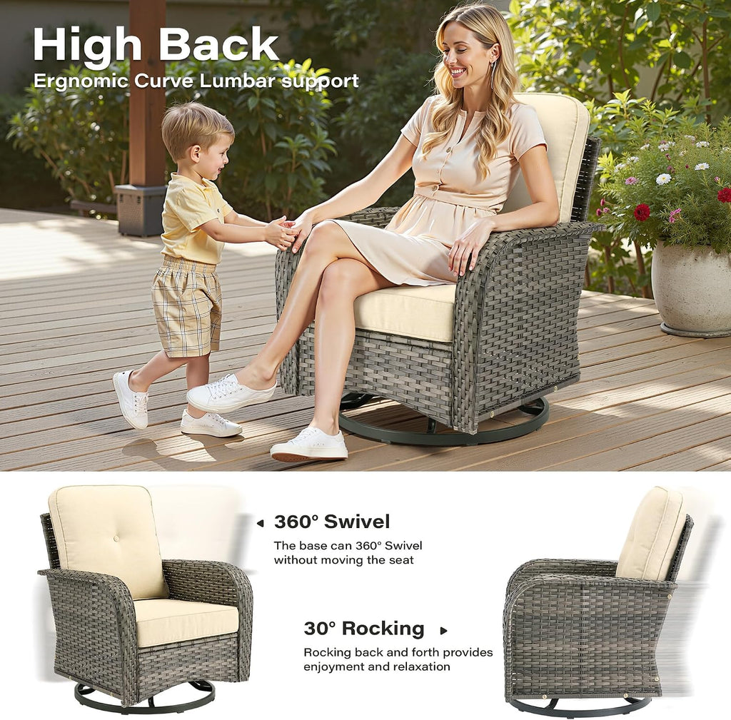 5 Piece Beige Rattan Patio Set Swivel Rockers & Loveseat