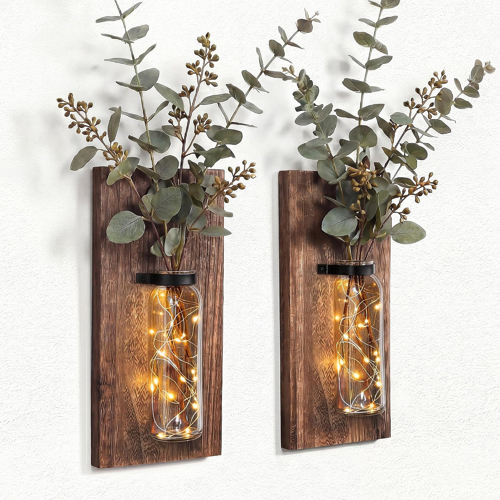 2 Pack Farmhouse Wood Glass Wall Hanging Planter Sconces