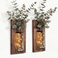 2 Pack Farmhouse Wood Glass Wall Hanging Planter Sconces
