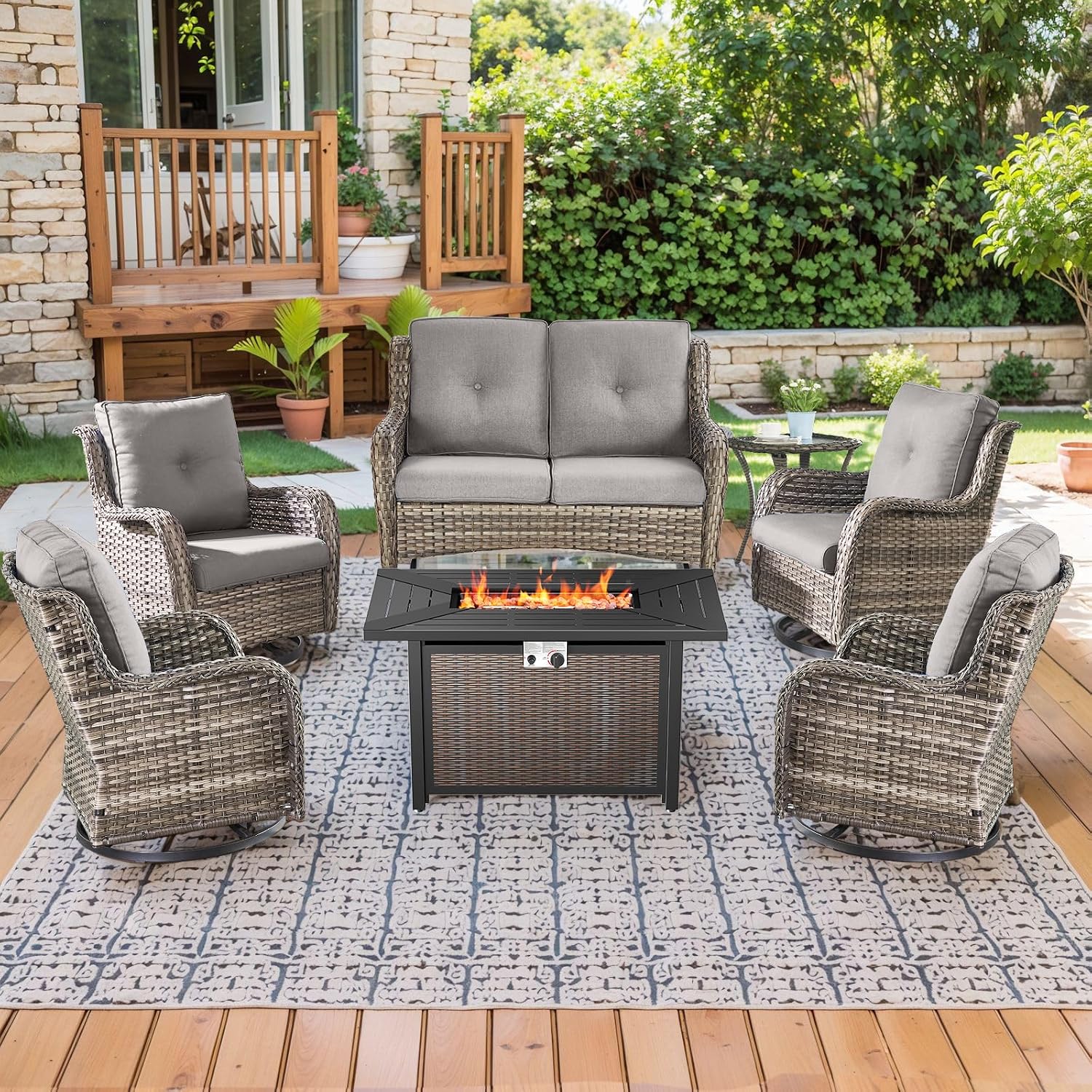 7 Piece Grey Wicker Patio Glider Set with Firepit Table