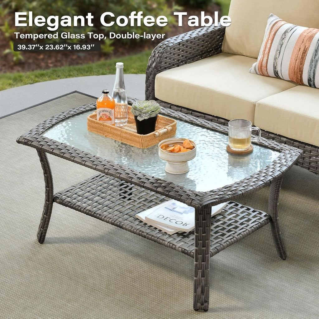 5 Piece Beige Rattan Patio Set Swivel Rockers & Loveseat
