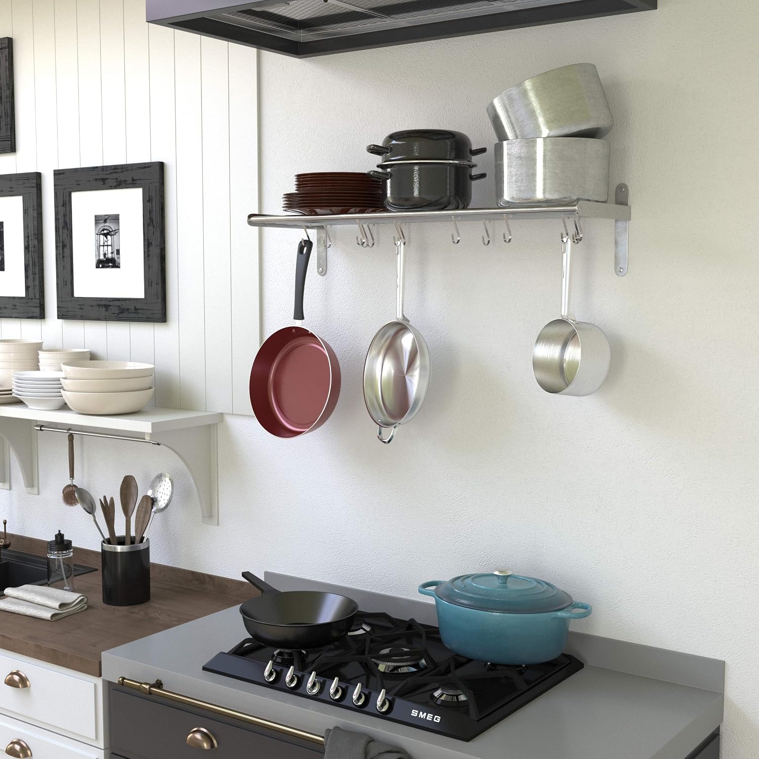Chrome Stainless Steel Wall Pot Rack with 10 S Hooks
